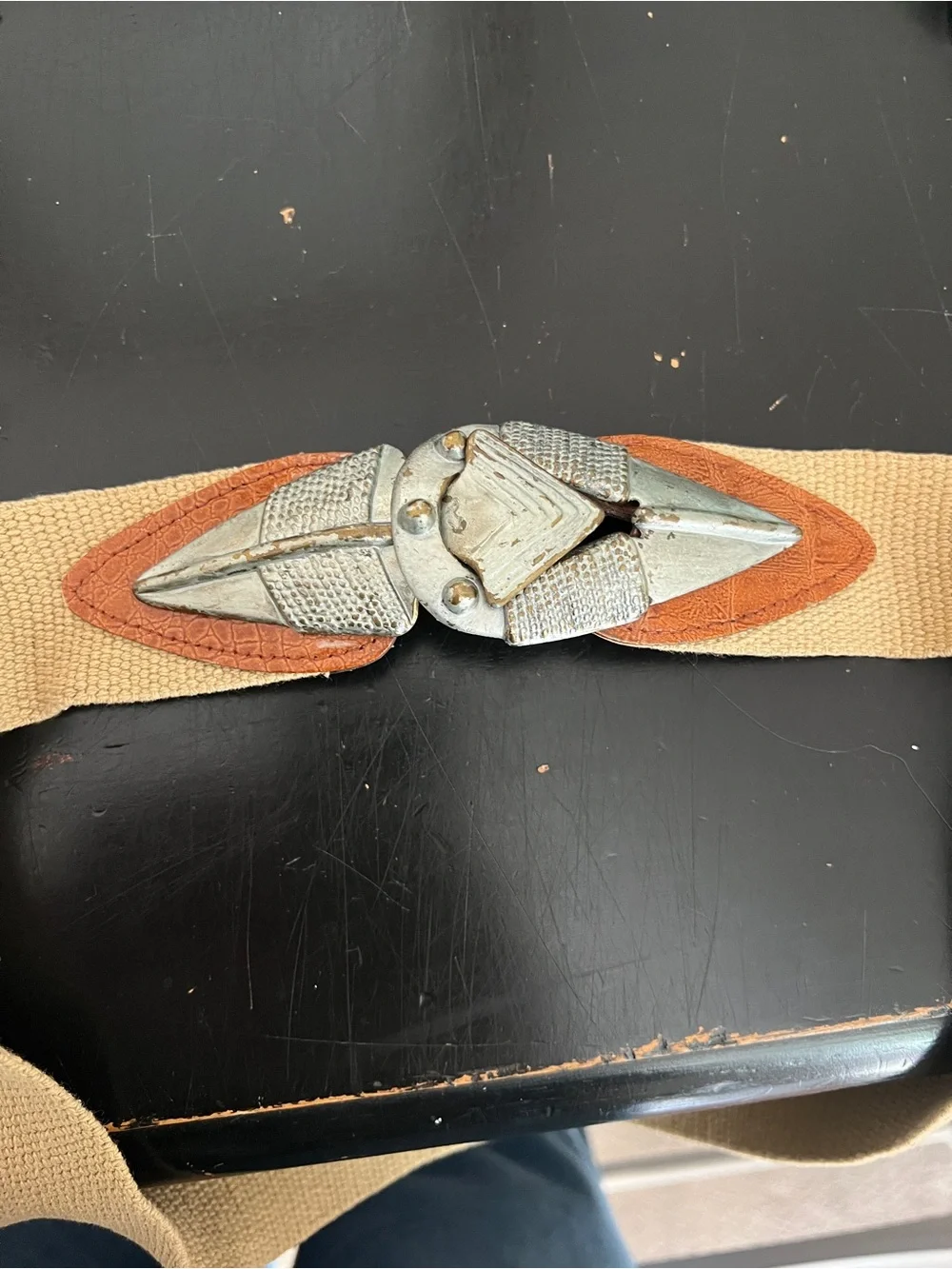 Omega Beige Canvas Belt with Brown Accents and Silver Decorative Buckle